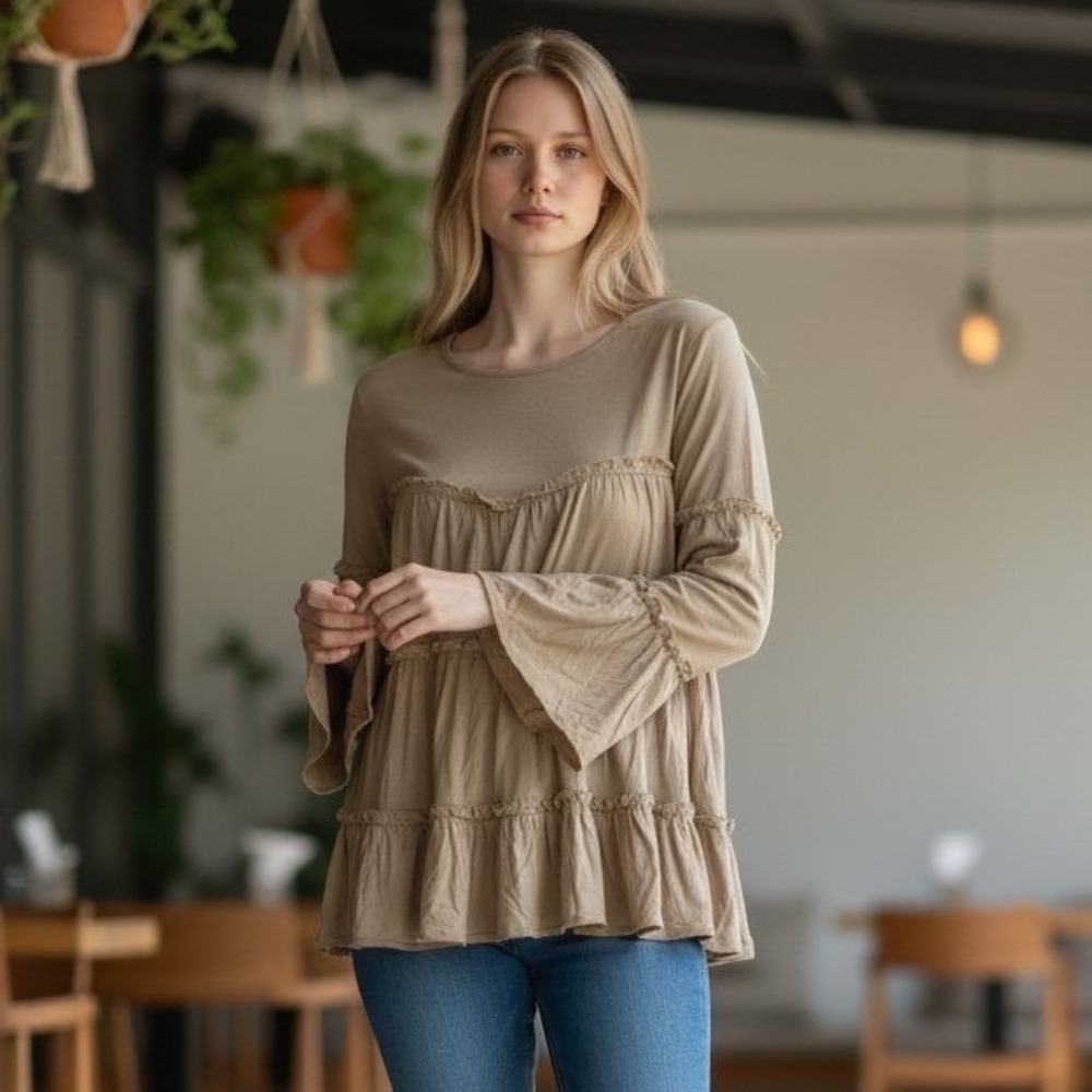 Romantic POL Anthropologie‎ Womens Tiered Ruffle Bell Sleeve lace Boho Top Tan